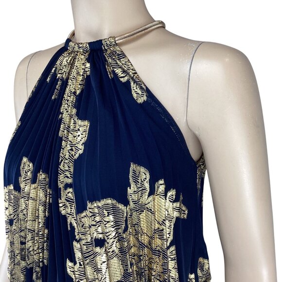 Xscape Maxi Dress Gown SIze 2 Navy & Gold Foiled Pleated Blouson Halter Evening - Picture 3 of 9